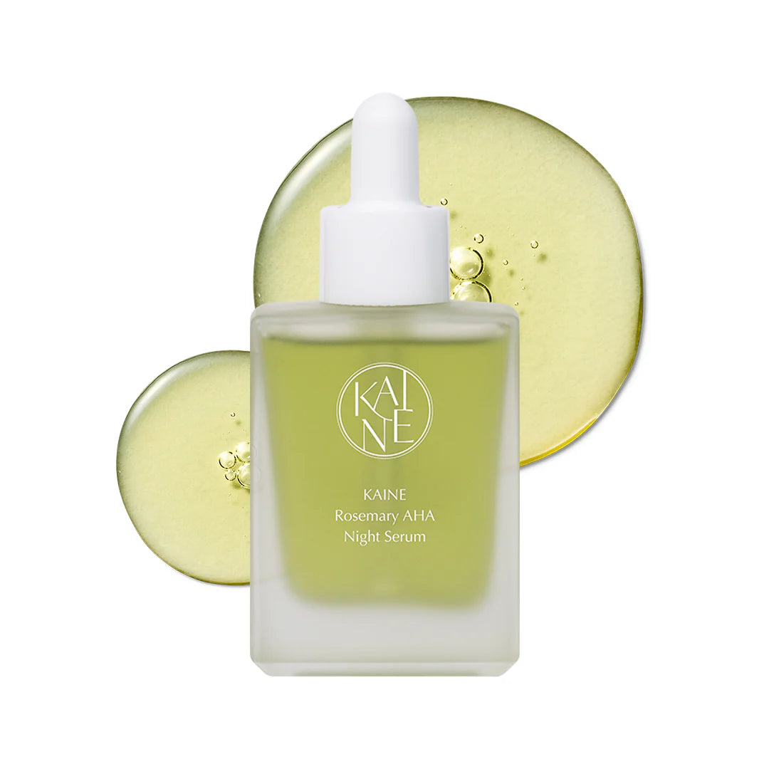KAINE Rosemary AHA Night Serum – 30ml vegan nighttime exfoliating serum with 5% Lactic Acid and 70% Rosemary available at Atelier De Glow UAE.