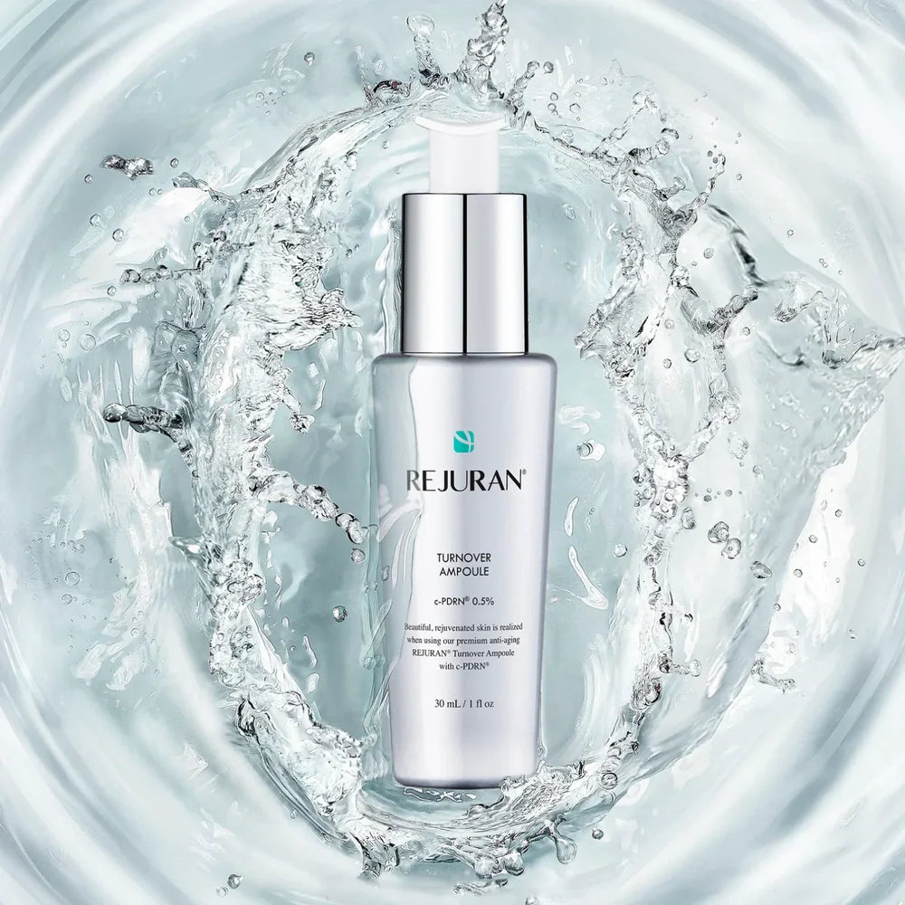 Rich, silky, and concentrated liquid texture of REJURAN Turnover Ampoule – Professional-grade "Liquid Clinic" for deep dermal absorption at Atelier De Glow UAE.