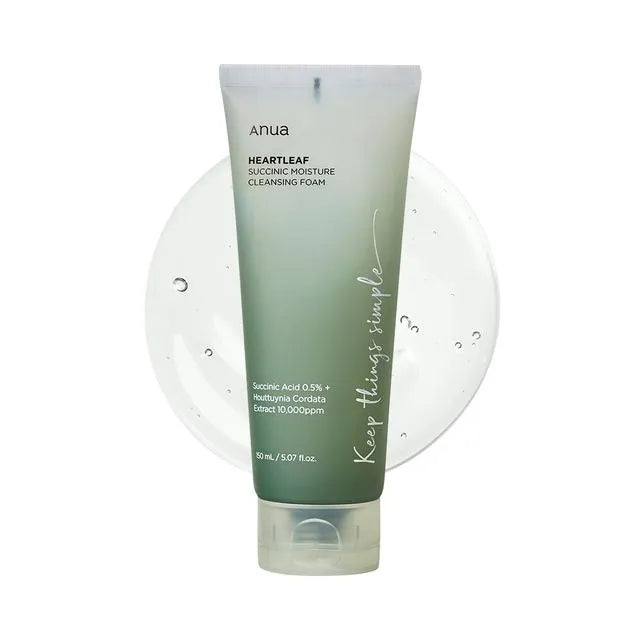 Anua Heartleaf Succinic Moisture Cleansing Foam – Low-irritation Korean cleanser with Succinic Acid and Heartleaf extract available at Atelier De Glow UAE.