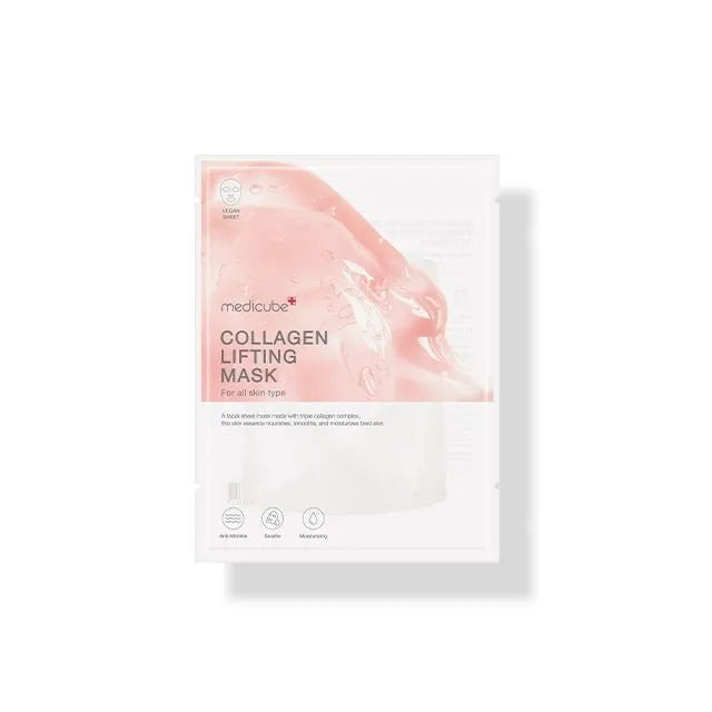 Medicube Collagen Lifting Mask – 27g high-potency clinical anti-aging sheet mask infused with low-molecular collagen and peptides available at Atelier De Glow UAE.