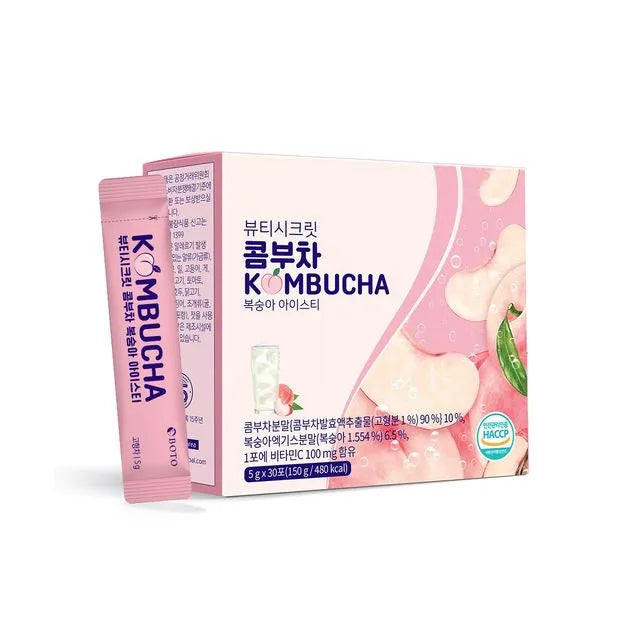 BOTO Beauty Secret Kombucha Peach Ice Tea – 30 individual sticks of Korean probiotic kombucha powder available at Atelier De Glow UAE.