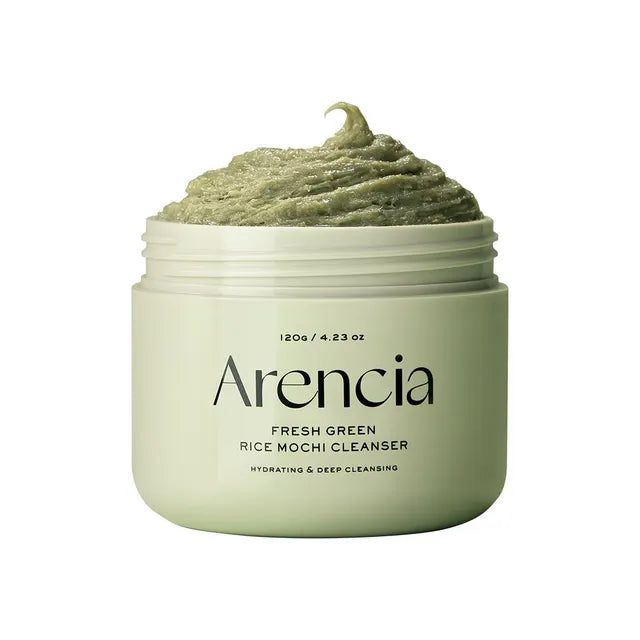 Arencia Fresh Green Rice Mochi Cleanser – Unique chewy texture Korean cleanser and 2-minute detox mask available at Atelier De Glow UAE.