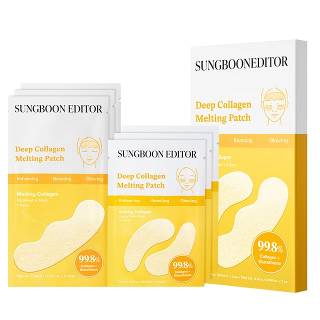 SUNGBOON EDITOR Deep Collagen Melting Patch Set – Pack of 6 freeze-dried 292 Dalton nano-collagen and 5% Glutathione soluble structural patches available at Atelier De Glow UAE.