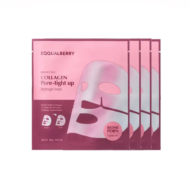 EQQUALBERRY Collagen Pore-tight up Hydrogel Mask – 4EA temperature-sensitive Korean gel masks for pore refinement available at Atelier De Glow UAE.