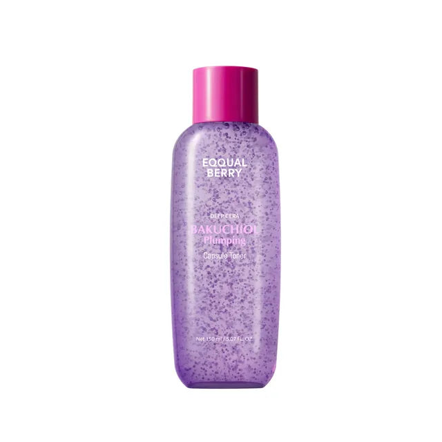 EQQUALBERRY Bakuchiol Plumping Capsule Toner – 150ml Korean firming toner with plant-derived Bakuchiol capsules available at Atelier De Glow UAE.