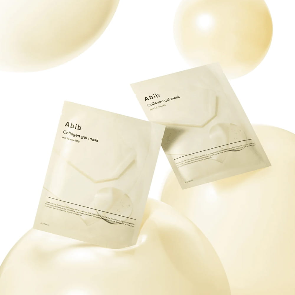 Cream-colored Abib Collagen Gel Mask hydrogel texture – High-adhesion Korean face mask for deep nutrient delivery and skin elasticity at Atelier De Glow UAE.