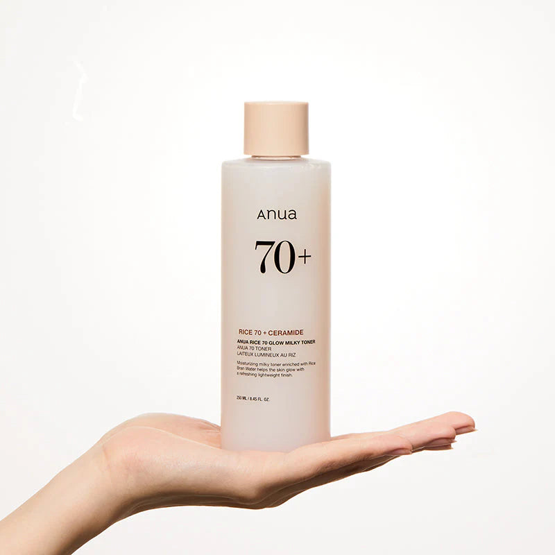 Creamy, lightweight Anua Rice 70 Glow Toner texture – Fast-absorbing Korean "Milk Toner" for a soft-focus glow and hydration at Atelier De Glow UAE.