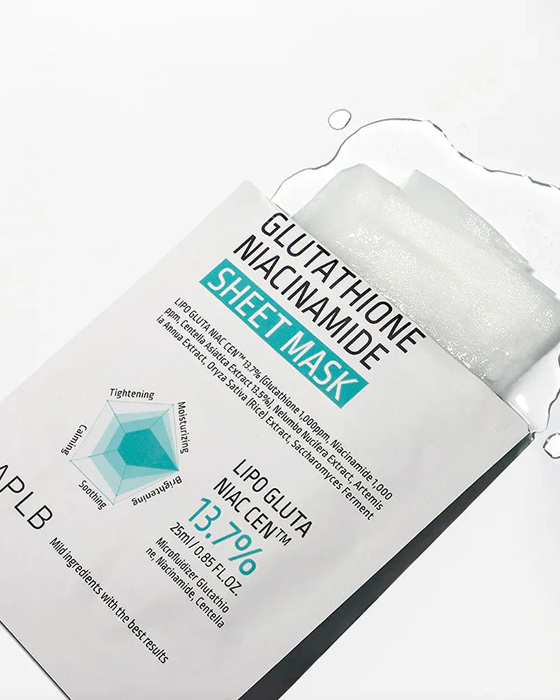 Microfiber sheet of APLB Glutathione Niacinamide Mask – High-adhesion Korean sheet mask drenched in 25ml of brightening essence at Atelier De Glow UAE.