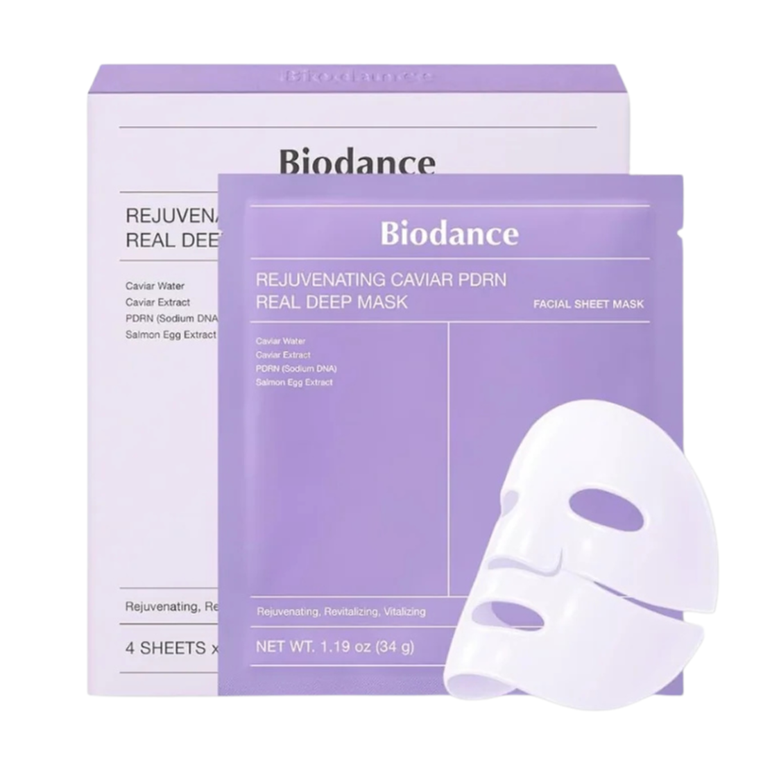 Biodance Rejuvenating Caviar PDRN Real Deep Mask – 4EA Korean overnight hydrogel mask with Salmon PDRN and Caviar Extract available at Atelier De Glow UAE.