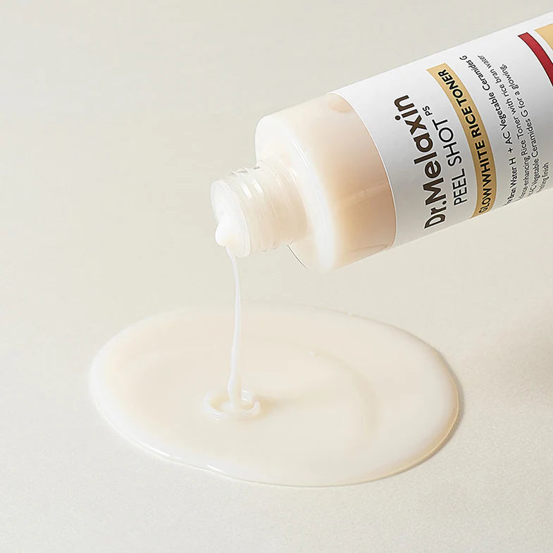 Lightweight, milky-liquid texture of Dr. Melaxin White Rice Toner – Refreshing, fast-absorbing Korean primer for luminous skin at Atelier De Glow UAE.