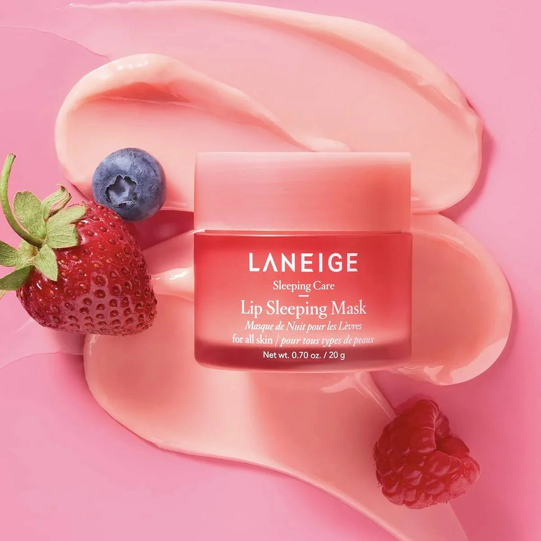 Laneige lip mask for peeling dry lips, chronic winter chapping, and deep vertical lip lines – Restorative "Berry Complex" balm from Atelier De Glow UAE.