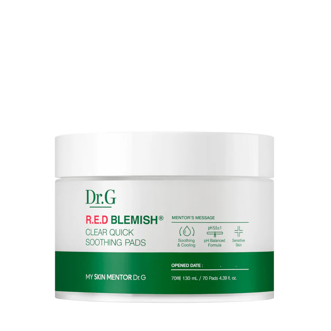 Dr.G R.E.D Blemish Clear Quick Soothing Pads – Jar of 70 Korean calming toner pads with 5-Cica Complex available at Atelier De Glow UAE.