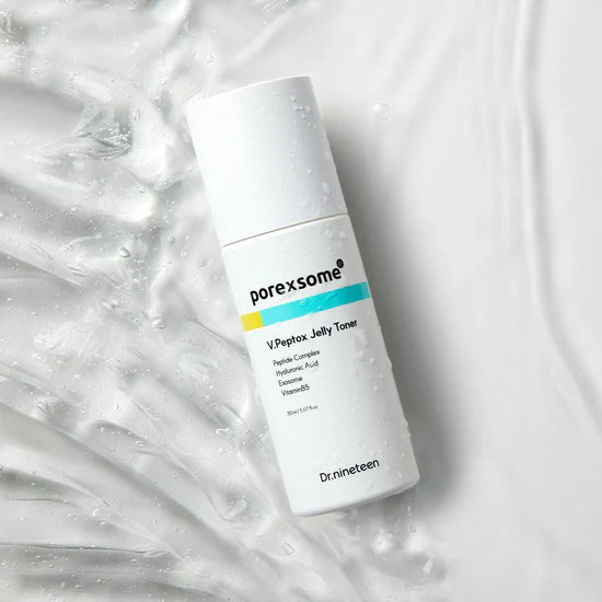 Unique bouncy jelly texture of Dr.nineteen V.Peptox Toner – Fast-absorbing, tightening liquid treatment for refined skin at Atelier De Glow UAE.