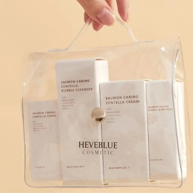 HEVEBLUE travel kit for dehydrated airplane skin and travel-induced breakouts – Soothing "Salmon DNA" recovery set from Atelier De Glow UAE.