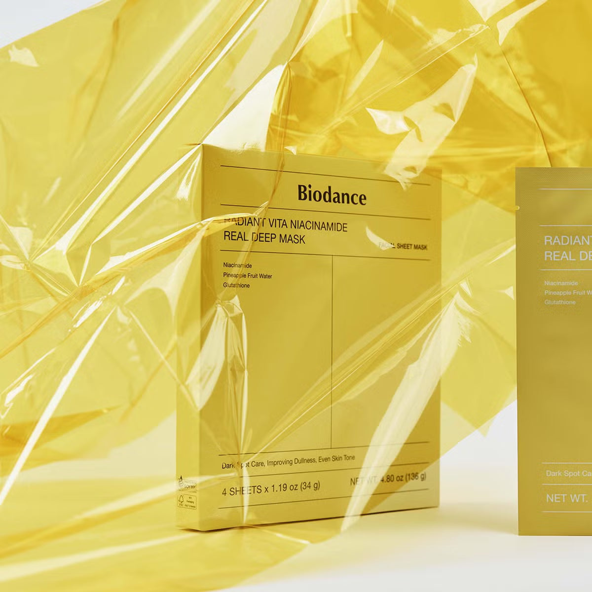 Glowing, transparent hydrogel effect of Biodance Radiant Vita Mask – 4-piece set for achieving high-shine "Glass Skin" at Atelier De Glow UAE.