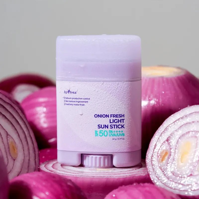Isntree sun stick for acne-prone skin, blemish control, and sun protection – Non-greasy "Onion Extract" sun shield from Atelier De Glow UAE.