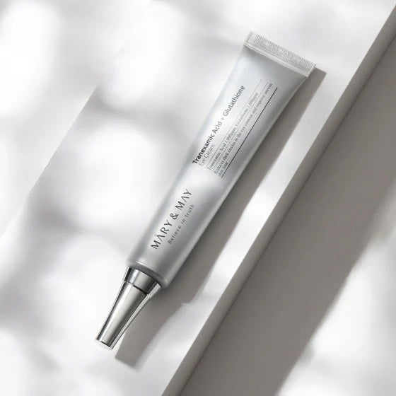 MARY &amp; MAY brightening eye cream for hyperpigmented shadows, stubborn vascular dark circles, and tired under-eye bags – Melanin interceptor from Atelier De Glow UAE.