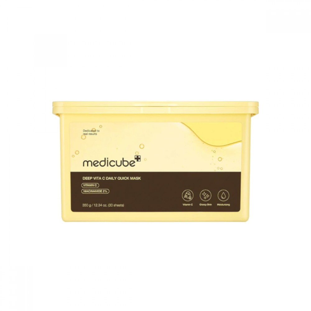 Medicube Deep Vita C Daily Quick Mask – 30 count bulk container of 1-minute express vitamin sheet masks with Ascorbic Acid liposomes available at Atelier De Glow UAE.