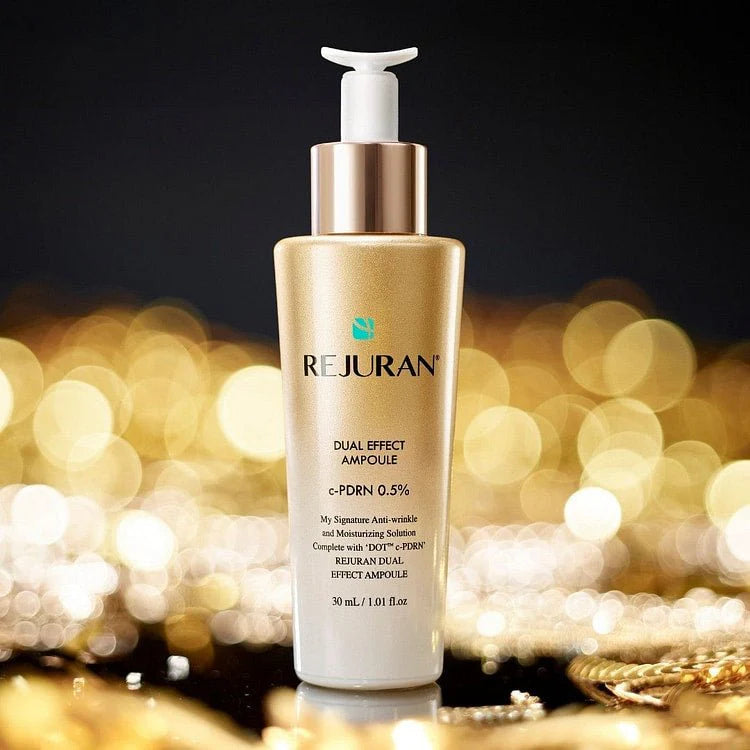 Rich, silky texture of REJURAN Dual Effect Ampoule – Fast-absorbing "Liquid Gold" serum for intense repair and barrier strengthening at Atelier De Glow UAE.