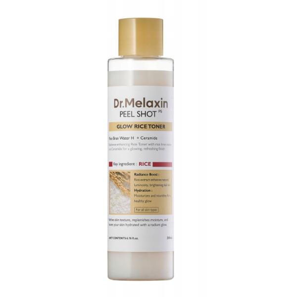 Dr. Melaxin Peel Shot Glow White Rice Toner – 200ml Korean brightening toner with fermented Rice Bran Extract available at Atelier De Glow UAE.