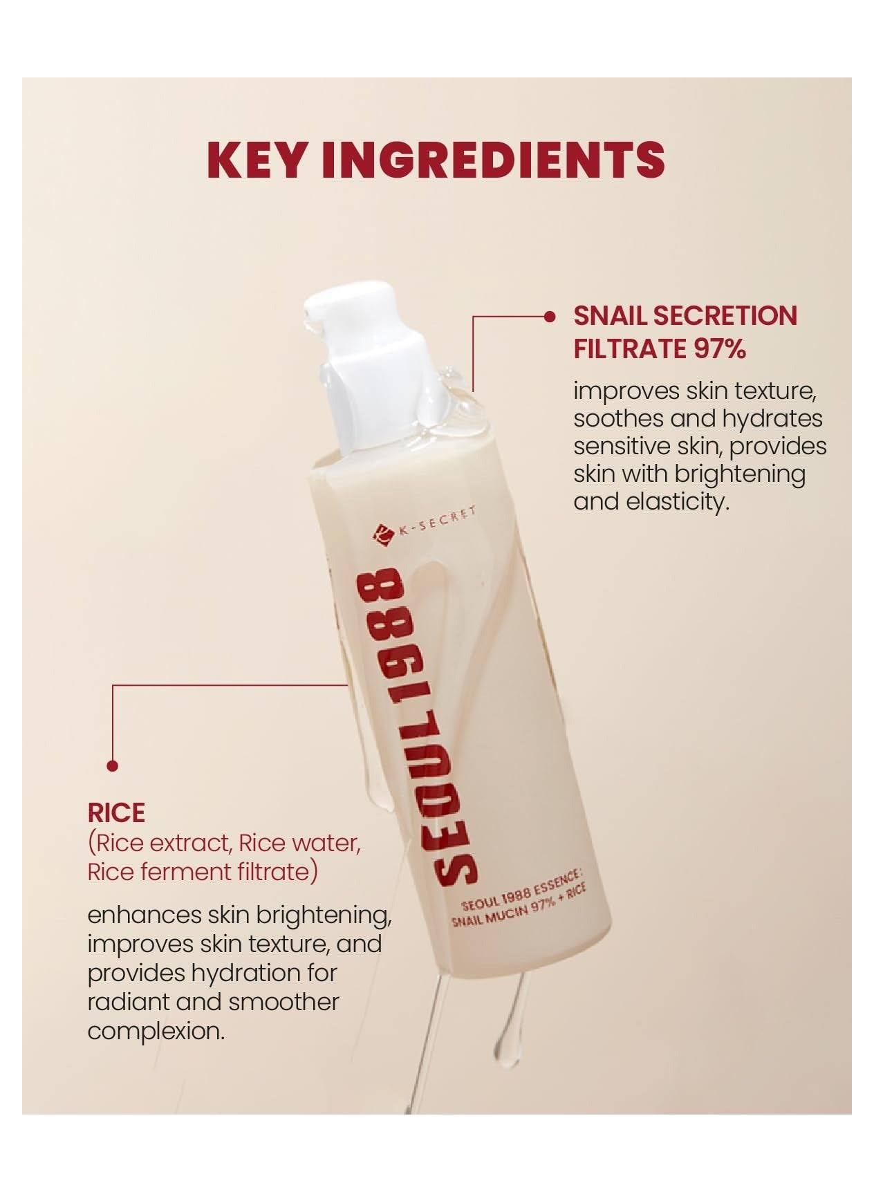 KSECRET  SEOUL 1988 Essence : Snail Mucin 97% + Rice 100ml