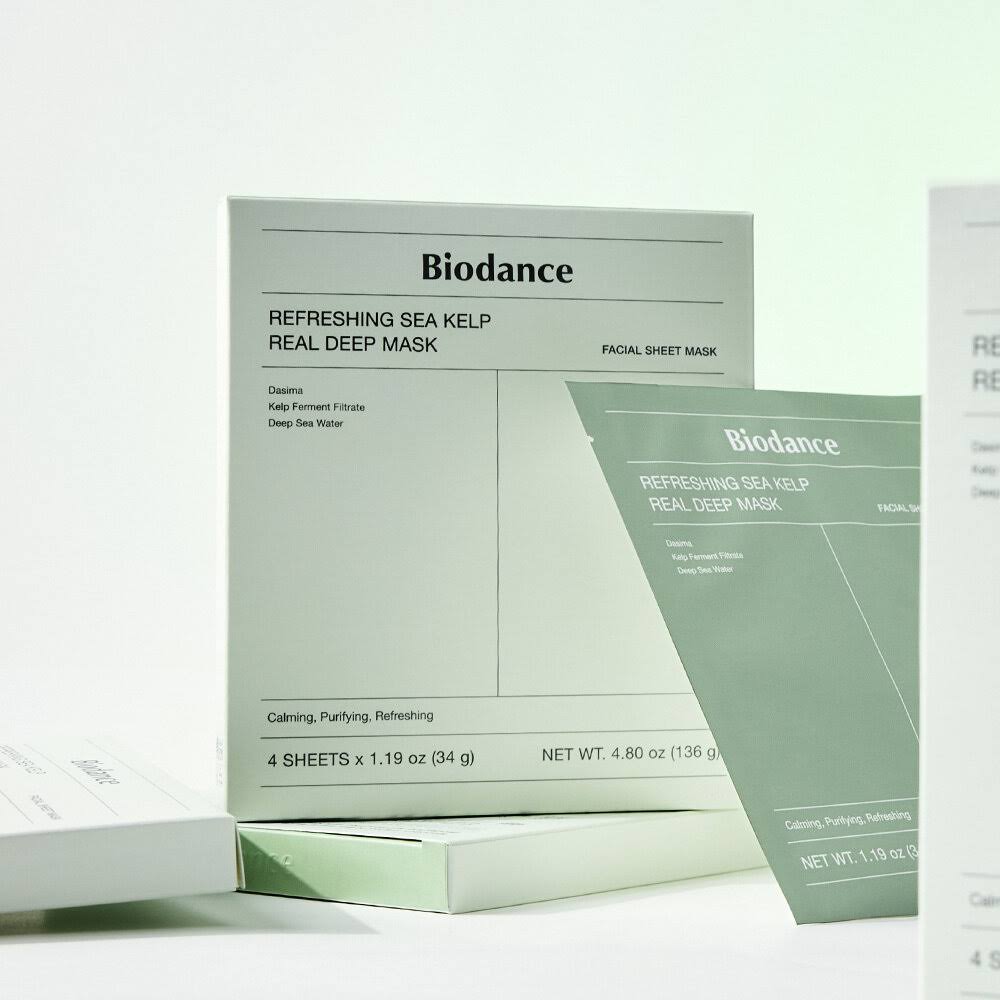Refreshing, green-tinted hydrogel of Biodance Sea Kelp Mask – 4-piece set for achieving a clear, revitalized "Glass Skin" look at Atelier De Glow UAE.