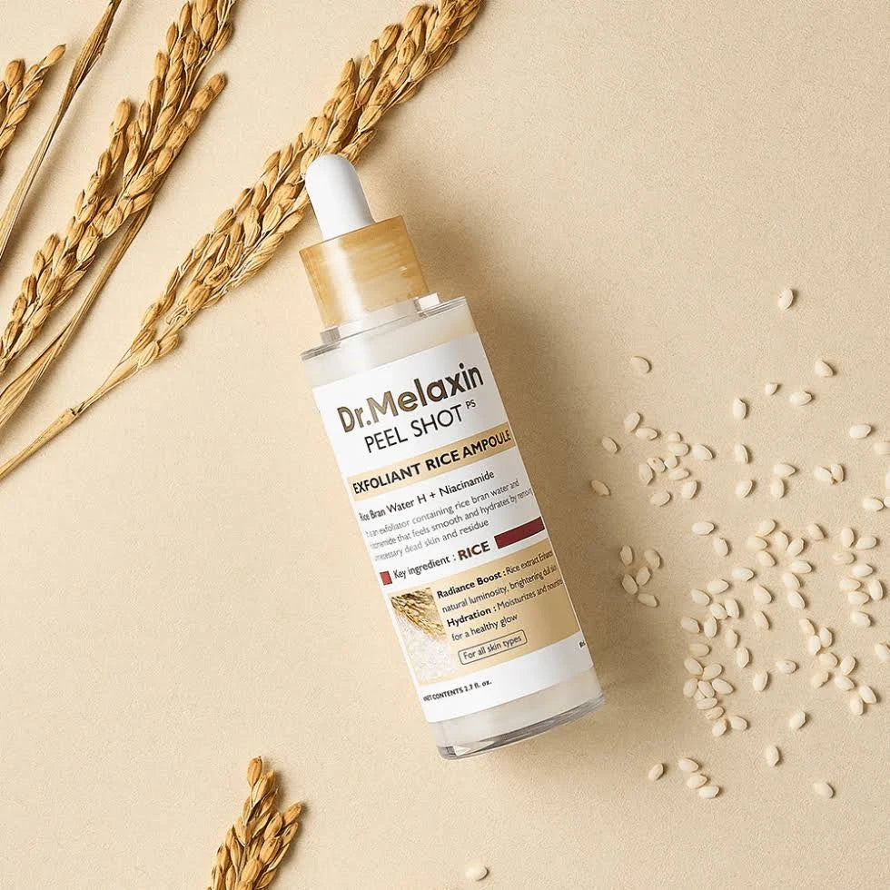Lightweight, milky texture of Dr. Melaxin White Rice Ampoule – Fast-absorbing Korean chemical exfoliant for smooth skin at Atelier De Glow UAE. 