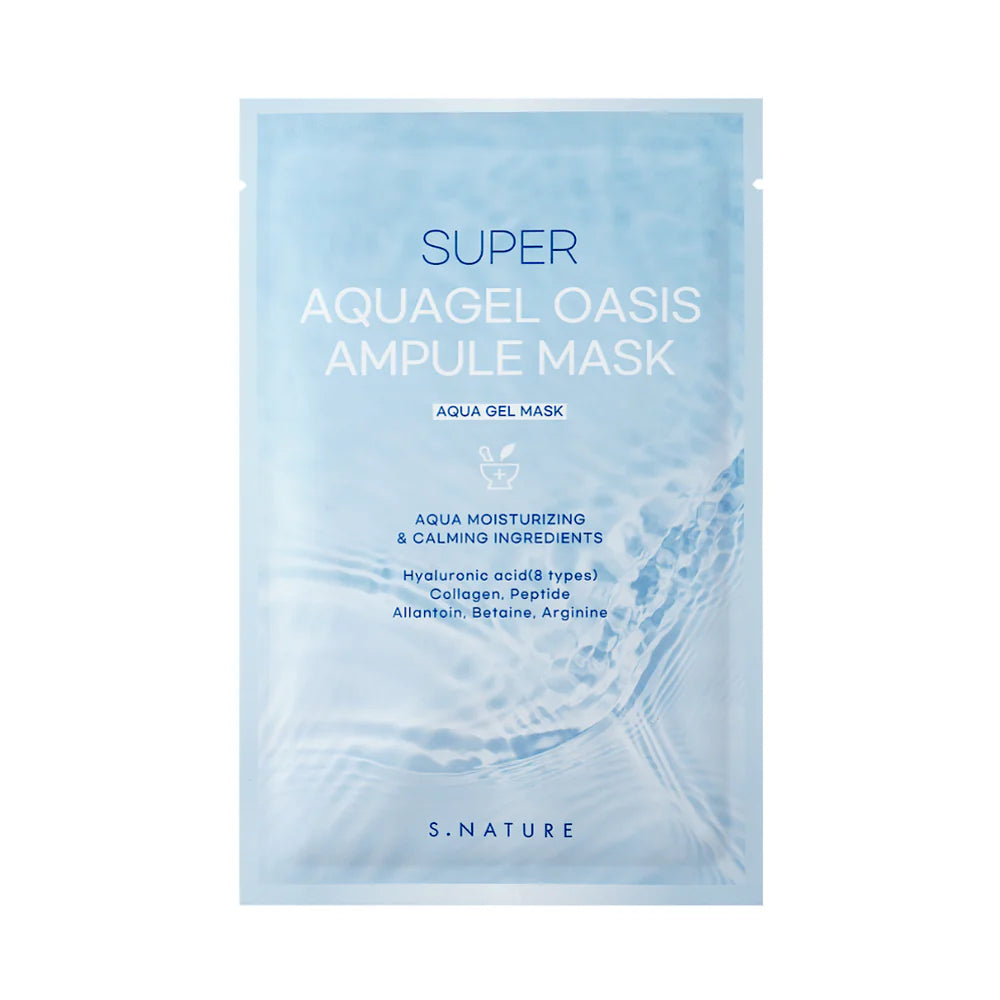 S.NATURE Super Aquagel Oasis Ampule Mask – Korean sheet mask with high-purity Squalane and 8 types of Hyaluronic Acid available at Atelier De Glow UAE.