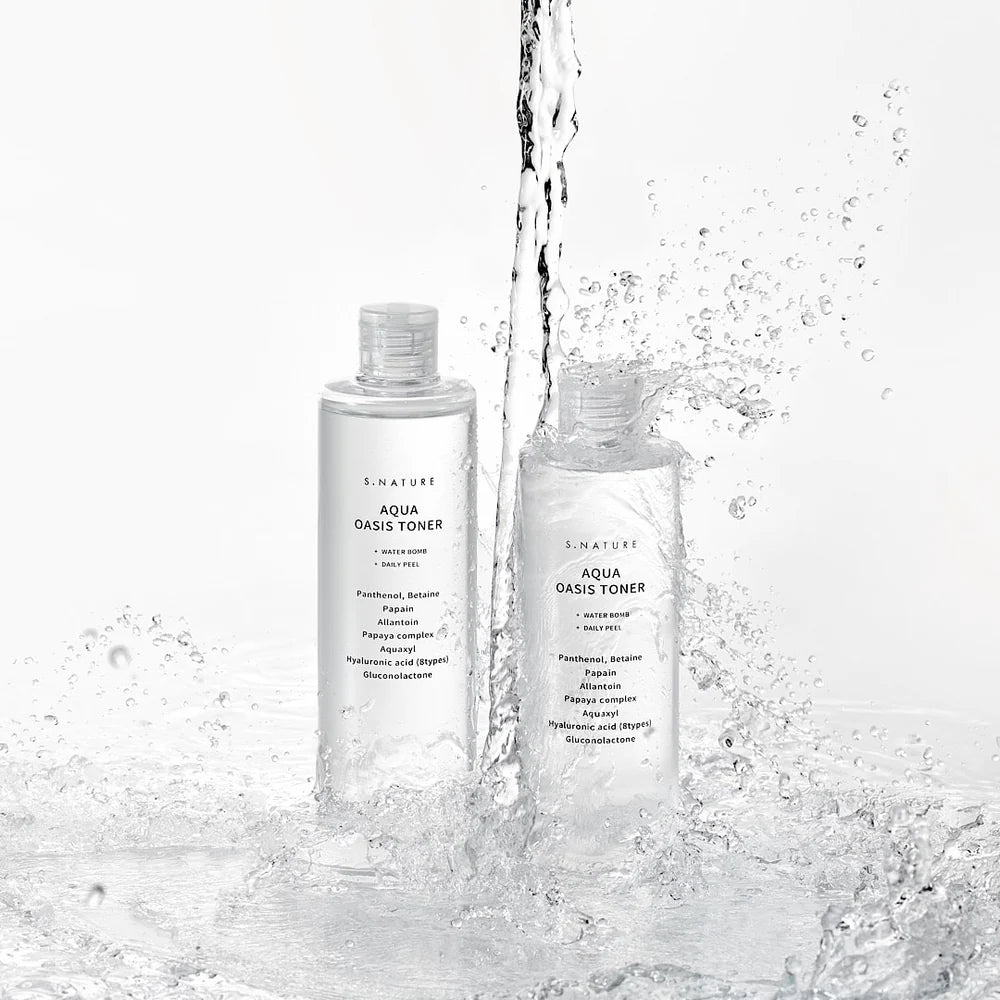 Applying S.NATURE Aqua Toner for a dewy glow - K-beauty hydration for thirsty skin - Atelier De Glow UAE
