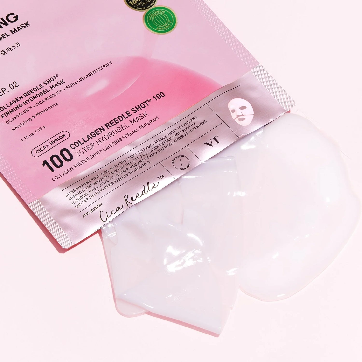 Tingling Cica Reedle essence followed by a cooling, two-piece split collagen hydrogel sheet from VT Cosmetics available at Atelier De Glow UAE.