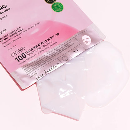 Tingling Cica Reedle essence followed by a cooling, two-piece split collagen hydrogel sheet from VT Cosmetics available at Atelier De Glow UAE.