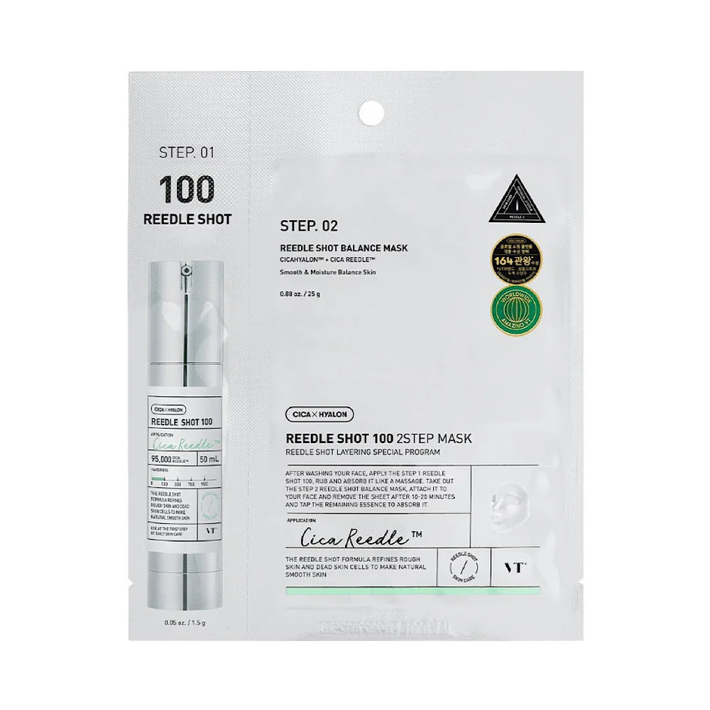 VT Cosmetics Reedle Shot 100 2-Step Mask – Professional micro-needle treatment with Cica Reedle™ and Centella available at Atelier De Glow UAE.