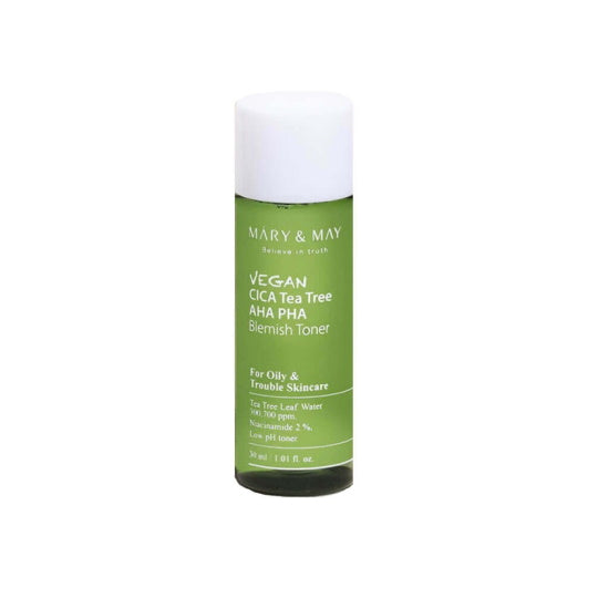 Mary &amp; May Vegan Cica Teatree AHA PHA Blemish Toner Mini bottle – Exfoliating Korean toner for acne-prone skin available at Atelier De Glow UAE.