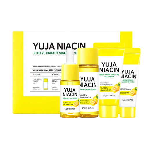 SOME BY MI Yuja Niacin Anti Blemish Starter Kit box – 4-step Korean brightening routine for dark spots available at Atelier De Glow UAE.