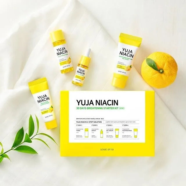 Travel-size SOME BY MI Yuja Niacin Kit – Portable Korean skincare set with Toner, Serum, Gel Cream, and Sleeping Mask with fast delivery in Dubai and UAE.